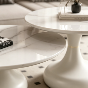Ensemble de tables basses gigognes rondes modernes avec plateau en marbre, design minimaliste pour salon, base blanche - Product Image 2