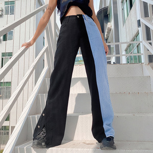 Nouveauté Jeans en denim ample à jambes larges à deux tons bleu et noir à <span class=keywords><strong>taille</strong></span> <span class=keywords><strong>haute</strong></span> 100% coton non extensible pour femmes - Product Image 4