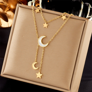 Bijoux fantaisie pendentif chaîne ras du cou coeur lune papillon Double couche irrégulière collier en acier inoxydable pour les femmes - Product Image 3