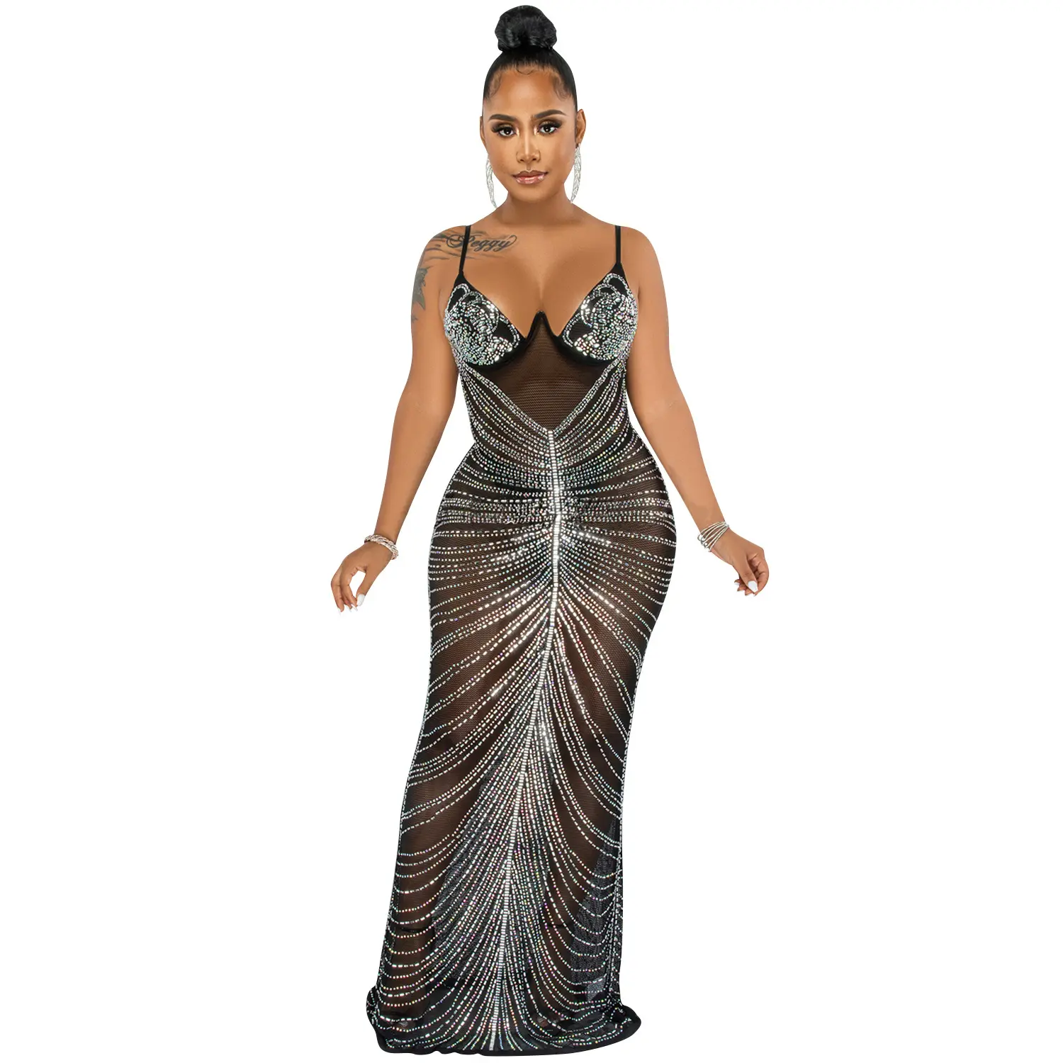 Black Mesh See Through Rhinestone Sparkle Maxi Dress Gown Spaghetti Straps Crystal Party Dresses Women C14327