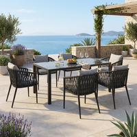 Ensemble de salle à manger d'extérieur moderne 7 pièces, design KD, mobilier de jardin en rotin, table en verre trempé 5 mm, structure en acier, résistant aux intempéries