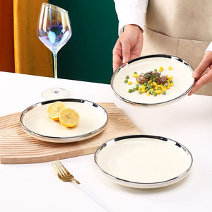 Assiette en céramique pour hôtel et restaurant, bordure argentée, plat de service en <span class=keywords><strong>porcelaine</strong></span>, style français créatif, <span class=keywords><strong>vaisselle</strong></span> crème pour la restauration fine - Product Image 6