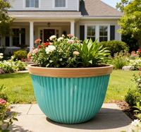 Pot de fleurs vertical à texture côtelée avec bord doré, grand modèle en PP, personnalisation de la couleur, trou de drainage, durable, léger, pour intérieur