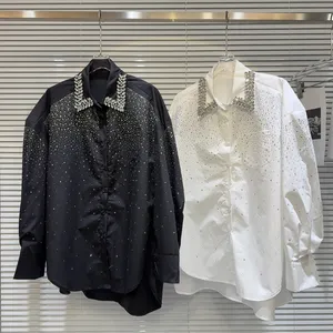 Lente Nieuwe Halslijn Strass Blouses Vrouwen Kralen Gradiënt Starry Wit Zwart Shirt Dames Lange Mouw Top