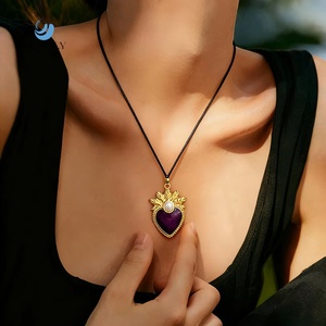 SUMMLY Vintage Drip Oil 18K Gold Plated Stainless Steel Heart <strong>Pendant</strong> Leather <strong>Cord</strong> <strong>Drop</strong> Necklace Fashion Jewelry - Product Image 1