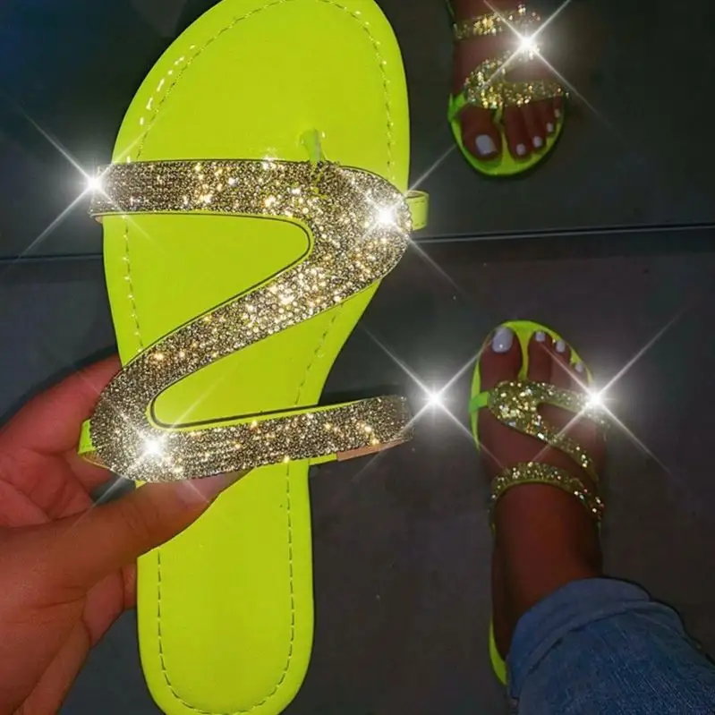 Summer Women Sandals Bling Slippers Ladies Crystal Slides Flat Glitter Gladiator Sandals Beach Shoes Female SandalsR1394