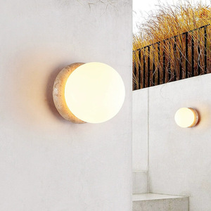 Lámpara de Pared Esférica de Travertino Amarillo para Exteriores, Iluminación Redonda Impermeable para Jardín y Villa - Product Image 1