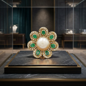 Anillo de Diamantes de Corte Redondo con Esmeralda Verde Ovalada en Oro Sólido de 18K con Perlas de Agua Salada, Anillo Tradicional Indio con Diseño de Flor - Product Image 3