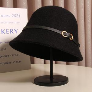 Wool Bucket <b>Hat</b> With Leather Buckle For Women Spring Autumn Foldable <b>Warm</b> <b>Hat</b> - Product Image 2