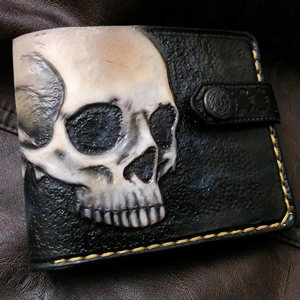 Hakiki deri cüzdan ile kafatası kabartmalı el boyalı mens cüzdan için bifold frid engelleme sikke çanta kart sahipleri