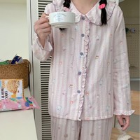 Ensemble de pyjama à col volanté, motif dessin animé, manches longues, vêtements de nuit respirants en coton, tenue de détente pour femmes
