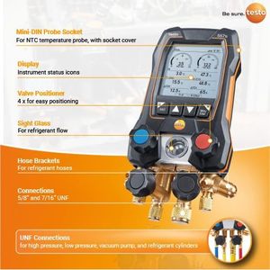 Testo 557s Ac Manifold Gauge Set With Pipe <b>Clamp</b> Thermometer And Micron Gauge For Refrigeration Systems - Product Image 2