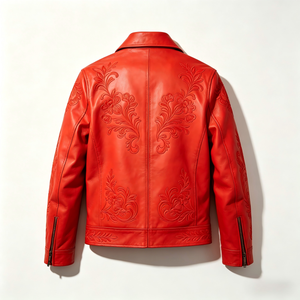 Giacca in Pelle da Uomo <span class=keywords><strong>di</strong></span> Alta Qualità, Motivo Goffrato e Ricamato, Giacca Rossa in Vera Pelle, Taglie Grandi Disponibili - Product Image 2
