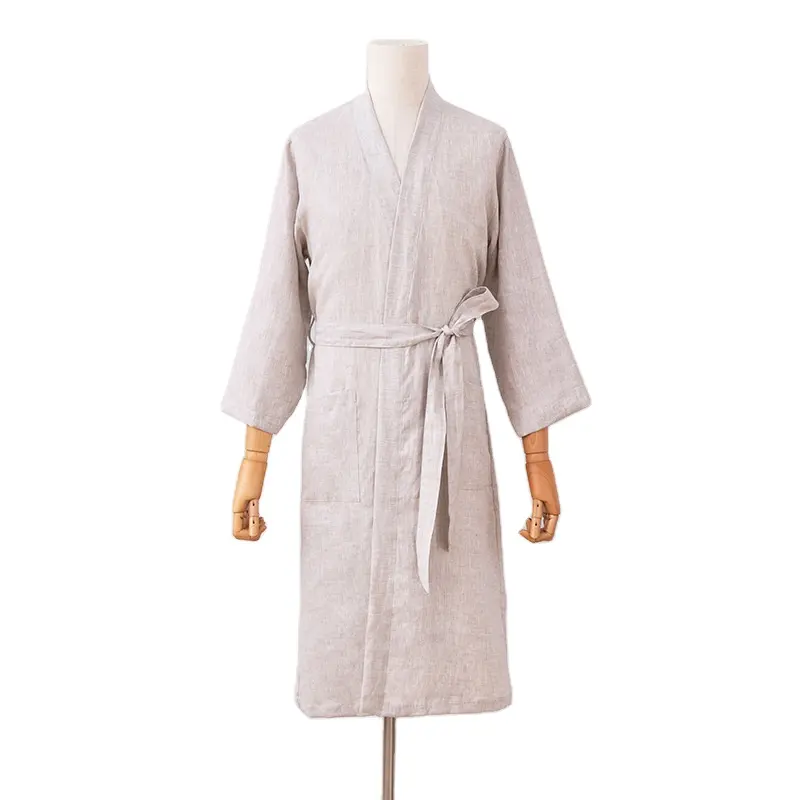 Retail unisex all season cotton 100% linen loungewear comfort kimono hotel bathrobes night dresses for woman sexy dressing gown