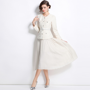 Elegant Women's Temperament Autumn New Set Coarse Flower <strong>Coat</strong>+chiffon Half <strong>Skirt</strong> Two-piece Dress Set - Product Image 2