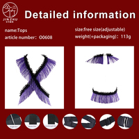 Harnais de corps pour femme violet à franges et pompons, avec garniture en dentelle noire, haut à bandes croisées, accessoire de corps élastique gothique pour boîte de nuit
