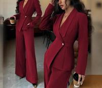 Ensemble deux pièces décontracté pour femmes européennes et américaines, mode printemps-automne, blazer long à col en V de couleur unie et pantalon large
