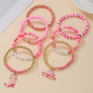 Bracelet en céramique souple avec perles et lettres roses HL personnalisées Bracelet à breloques empilées en corde élastique de style cowboy occidental plaqué or - Product Image 5