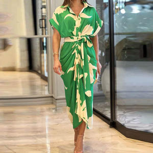 Vestido Camisero de Moda con Cintura Alta, Media Manga, Dobladillo Irregular, Holgado, Informal, Estampado, Elegante, para Mujer, Verano - Product Image 1