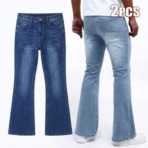 Jean évasé bleu clair pour homme, en denim de coton respirant délavé au sable, taille mi-haute, coupe droite, décontracté, pour le printemps, fabriqué au Bangladesh, couleur unie - Product Image 3