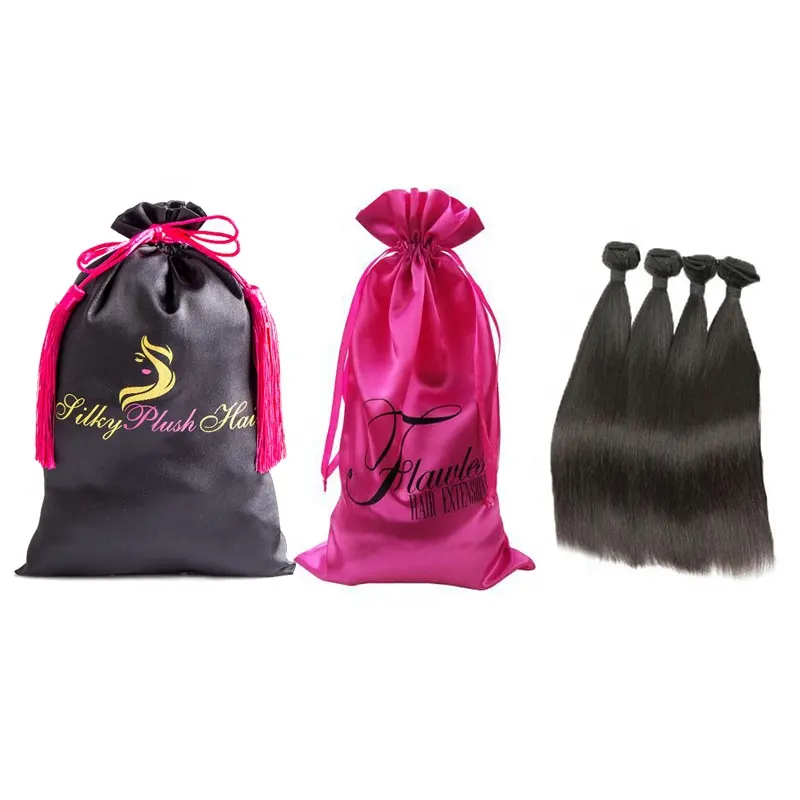 Satin Drawstring Bag Wholesale Drawstring Gift Silk Satin Pouch Hair Extension Packaging Black Satin Bag With Customized Logo