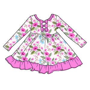 Vestito per Bambina con Stampa a Foglie e Maniche Lunghe in Seta di Latte con Fiocco sul Retro e Tulle - Product Image 4