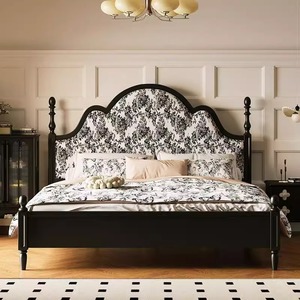 <span class=keywords><strong>Letto</strong></span> <span class=keywords><strong>Matrimoniale</strong></span> Retrò Francese in Stile Europeo, Nero, in Legno Massello, Imbottito in <span class=keywords><strong>Tessuto</strong></span>, Minimalista, Stile Metà Secolo - Product Image 3