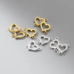 A1502 incroyable mode s925 argent sterling coeur charme <span class=keywords><strong>or</strong></span> argent <span class=keywords><strong>vermeil</strong></span> creux zircon connecteur pour collier bracelet fabrication - Product Image 1