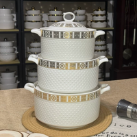 Offre Spéciale – Pot à Soupe en Céramique de Luxe Doré à Double Anse avec Couvercle – Petit Pot en Céramique pour Servir – Vente en Gros