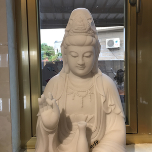 White Marble <strong>Stone</strong> <strong>Buddha</strong> Carving Sitting Guan Yin Bodhisattva Kwan-yin Statue Tabletop Crafts Sculpture for Indoor Decoration - Product Image 3