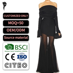 Nuevo Diseño Elegante Vestido Largo de Malla con Hombros Descubiertos para Mujer, Vestido de Noche Negro Transparente, Vestido Maxi de Fiesta - Product Image 1