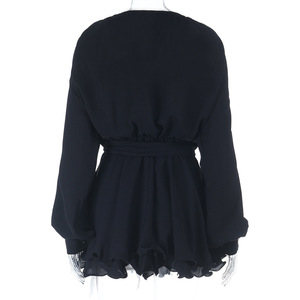 เดรสทรงเอไลน์คอวีแขนยาวสีพื้นเรียบง่ายสไตล์ลำลองสำหรับผู้หญิงแฟชั่น - Product Image 5