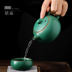 Théière en céramique rétro, glaçure vert foncé, forme ronde avec couvercle, ensemble à thé Kung Fu - Product Image 4