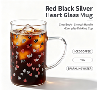 Mug en verre borosilicate à imprimé cœur rouge et gris, résistant à la chaleur, tasse à café ou à thé transparente avec poignée pour la maison, le bureau, le café, la vaisselle de table