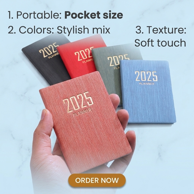 2026 A7 English Planner Mini Leather Pocket Notebook 365 Days Daily Schedule Yearly Weekly Calendar Hardcover Style Yearly Stock