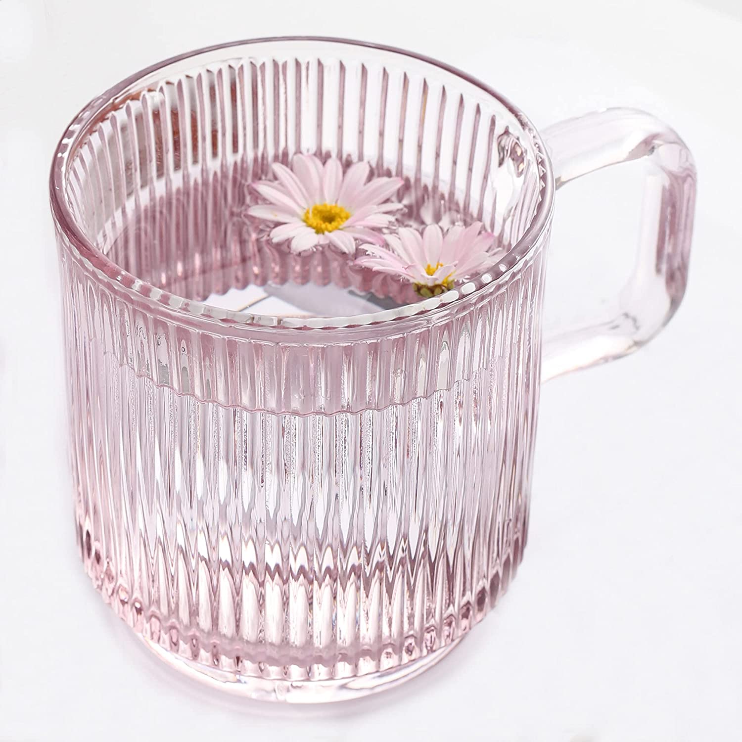 Pink Glass Coffee Mug with Lid  Premium Classical Vertical Stripes Glass Tea Cup 12.5oz