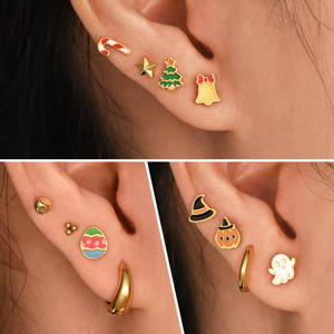 Boucles d'oreilles en titane ASTM F136 à dos plat, émail, pour enfants, en forme d'œuf de Pâques, d'arbre de Noël, de cloche - Product Image 2