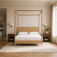 Lit à baldaquin classique moderne en chêne massif naturel, lit plateforme pour chambre principale, résidence de luxe, maison moderne