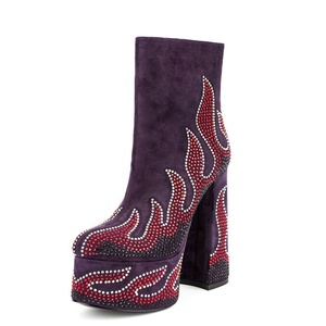 Diamonds Fire Patchwork <b>Round</b> <b>Toe</b> Women Platform Short Boots Side Zipper Women Suede Ankle Booties High Chunky <b>Heels</b> Shoes - Product Image 5