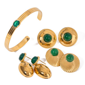 Elegant Gold Green Agate Oval <b>Earrings</b> Bezel Setting Stainless Steel <b>Post</b> Everyday Wear Fine Jewelry Set - Product Image 4