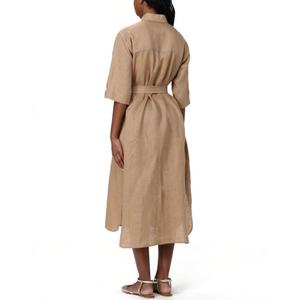 Robe chemise mi-longue en lin unie à ceinture, coupe décontractée, avec logo personnalisé, pour femme – Meilleure vente - Product Image 3