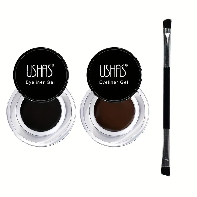 USHAS Best 2 In 1 Brown + Black Eyeliner Gel Make Up Water-proof Eye Liner Kit Eye Makeup Cream 2 Cosmetics Brushes Tool