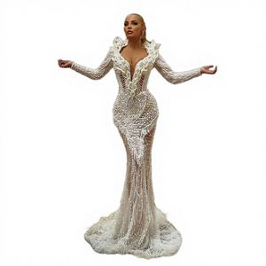 Robe de soirée longue sirène Ruolai LWC6689, élégante, à motif de perles de cristal, manches longues, col rond, écologique, pour l'été - Product Image 3