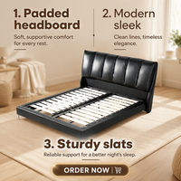 Lit en fer rembourré en cuir PU véritable noir moderne et confortable avec rangement, taille King/Queen, cadre en bois de pin, chambre à coucher, garantie 1 an