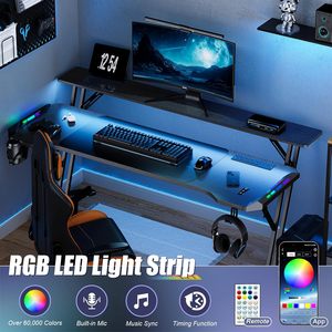 Bureau de jeu ergonomique pour ordinateur portable <span class=keywords><strong>PC</strong></span> 1,2/1,4/1,6 m avec éclairage d'ambiance LED RGB et étagères pour moniteur - Product Image 5