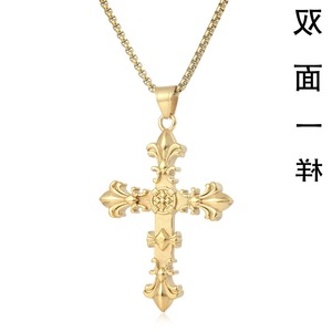 yunnique Stainless Steel <b>Cross</b> Pendant Necklace For Men Gold Vintage Geometric Design 60cm <b>Chain</b> FY3056 - Product Image 3