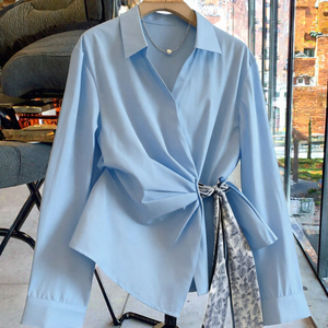 French Style Twist Women <b>Long</b> <b>Sleeve</b> Lapel Collar <b>Blouse</b> Asymmetric Hem for Autumn Office Wear - Product Image 2