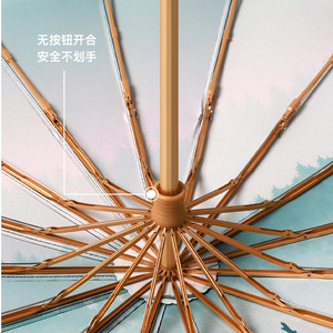 ร่มพับสามตอน 16 ซี่โครง ด้ามไม้สีดำ ไนลอนสีดำ ป้องกันแดดฝนสไตล์เรโทร - Product Image 2