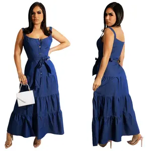 2022 Latest Ladies Party Dress Denim Large Long Skirt Designs Summer Casual Dress Overall Jean Dress