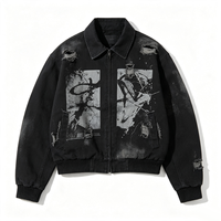 Jaket Kerja Hitam Robek Bergaya Distressed Kornit DTG Abstrak Seni Cetak Blok Efek Pudar dan Usang dengan Ritsleting Model Bomber Streetwear